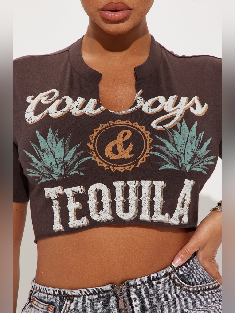 LIKE NEW COWBOYS & TEQUILA CROPPED TEE, BROWN, 2XL